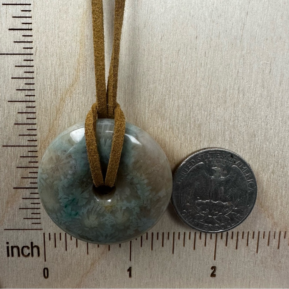 Green Coral Fossil Donut Pendant on Brown Faux Suede - Picture 3 of 11